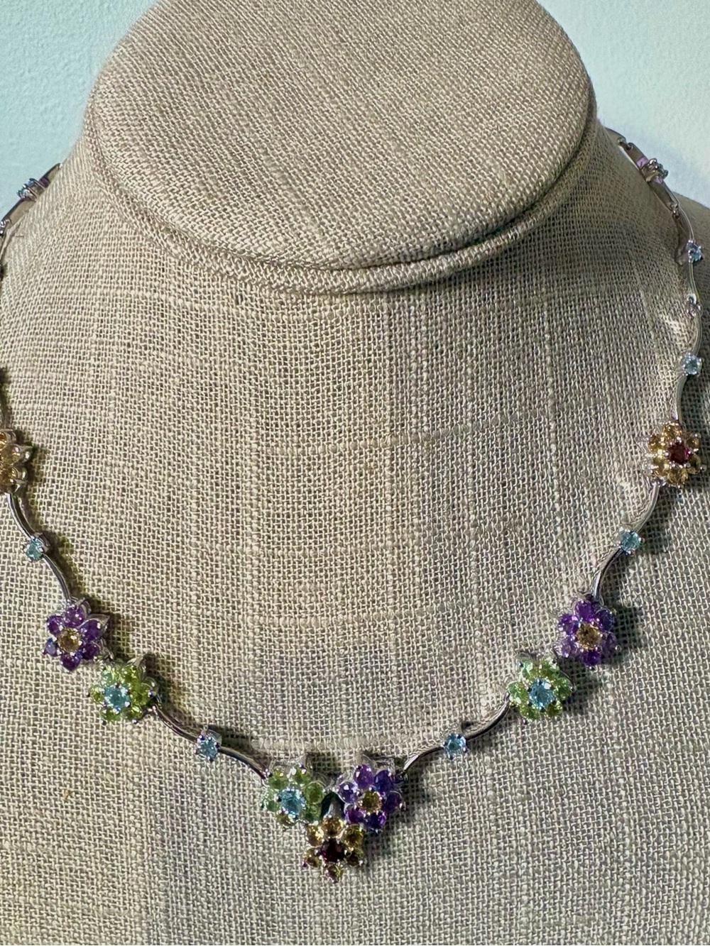 Floral Gemstone Necklace in Silver & Purple